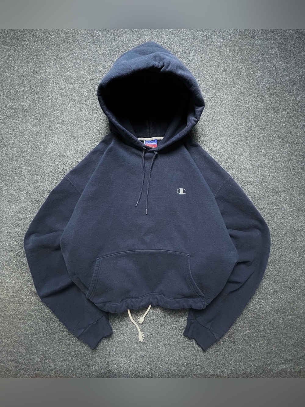 Vintage Champion Navy Blue Pullover Hoodie with Embroidered C Logo cropped
